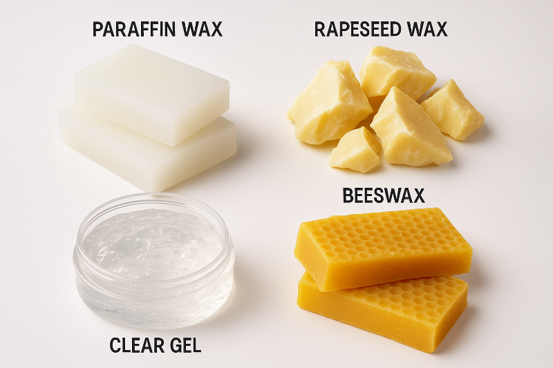 Foto van paraffine, koolzaad wax, gel en bijenwas