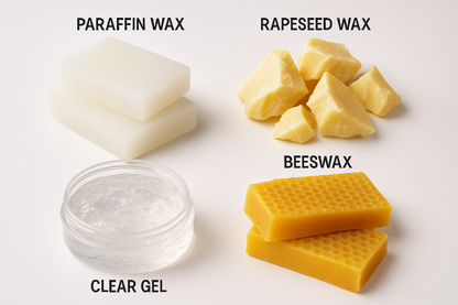 Foto van paraffine, koolzaad wax, gel en bijenwas